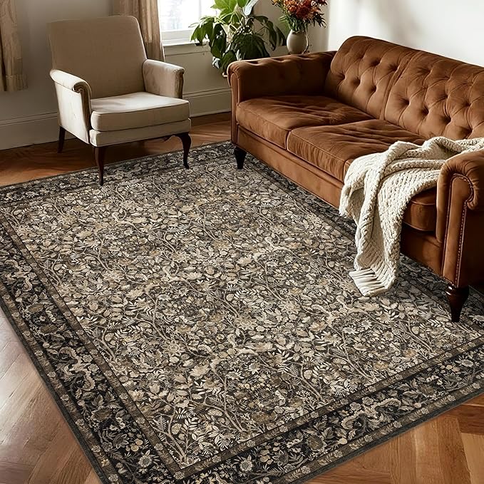 Washable Living Room Rug: 6x9 Boho Floral Soft Area Rug for Bedroom Decor - Vintage Low Pile Thin Carpet for Dining Room Non-Slip - Farmhouse Stain Resistant Rugs - Dark Brown
