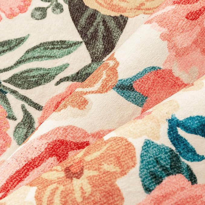 Washable Floral Area Rug 6x9 Beige Living Room Large Carpet Bedroom Scalloped Flower Non Slip Soft Throw Rug Farmhouse Low Pile Thin Indoor Floor Cover for Dining Room Office