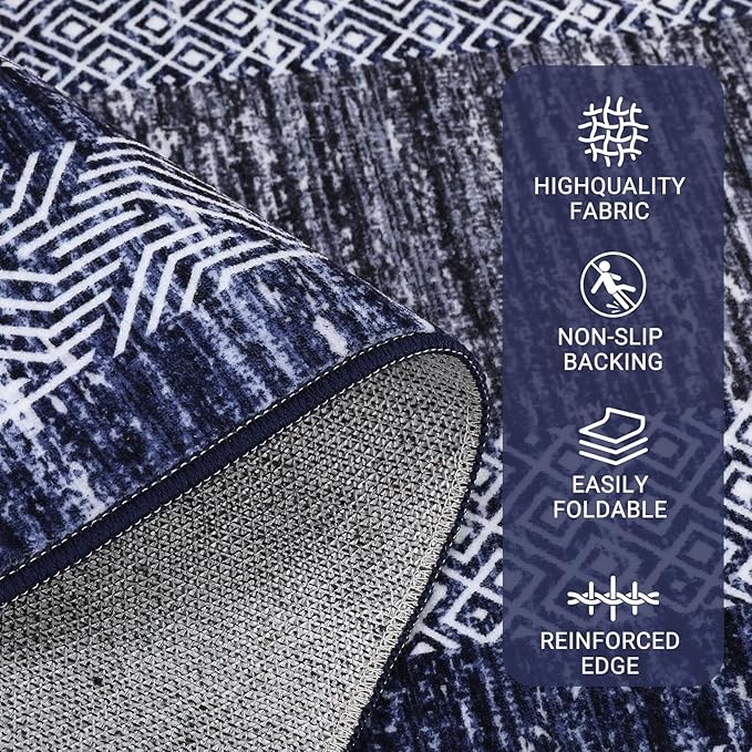 GarveeHome 10x13 Large Washable Geometric Area Rug Non Slip Non Shedding Floor Carpet, Modern Bordered Distressed Navy Blue Indoor Printed Rug for Living Room, Bedroom, Office