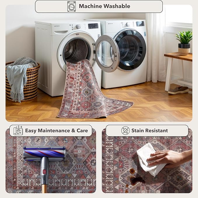 Kuden Area Rug, Machine Washable, Non-Slip Backing, Vintage Style, Soft, Low Pile, Perfect for Living Room, Bedroom, Kitchen, Dining Room - [5x7, Red/Blue/Beige]