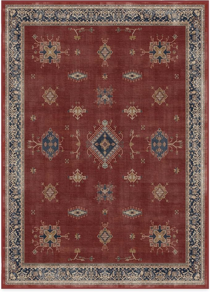 RUGGABLE Washable Vintage Area Rug – Verena Amber Red 10x14, Stain-Resistant, Non-Slip – Large Machine Washable Rugs for Living Room, Bedroom, Hallway, Entryway & Office–with Standard Pad
