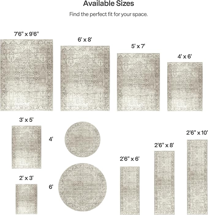 ReaLife Rugs Machine Washable Area Rug - Living Room Bedroom Bathroom Kitchen Entryway Office - Padded Low Pile Stain Resistant Premium - Boho Farmhouse Vintage - Lyle - Beige Ivory 5' x 7'
