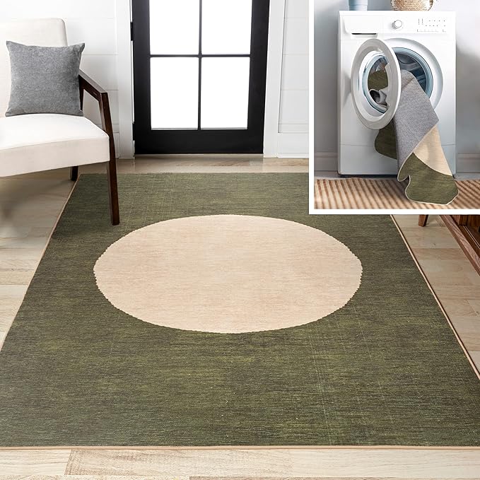 JONATHAN Y Machine Washable Green/Cream Indoor Area Rug 9X12 ft, Cirkel Minimalist Geometric Dot for Living Room, Bedroom, Kitchen, Office, Easy-Cleaning, Pet-Friendly, Non-Shedding WSH113B-9