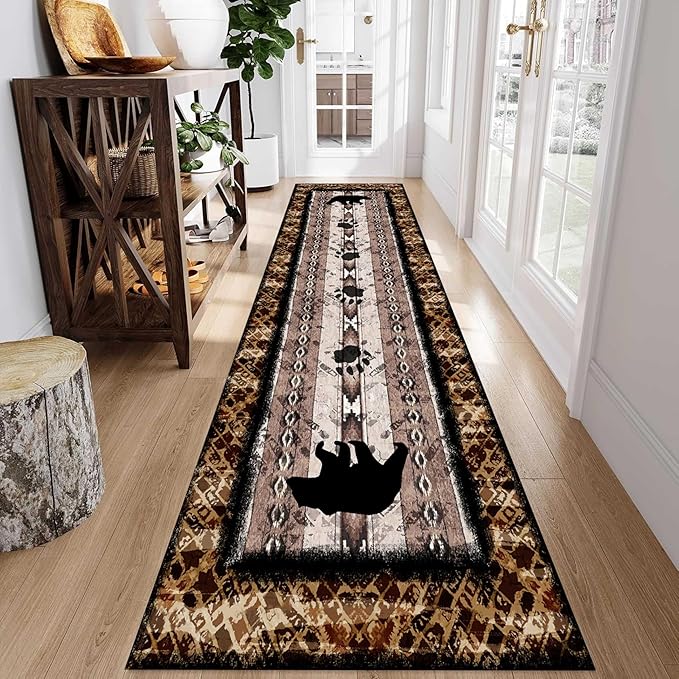 Unique Wildlife Runner Rug, 4x12ft, Bear Border Design Area Rug, Rustic Log Cabin Runner for Entryway, Rubber Backing Durable Floor Rug, Vintage Western Decoration, Fade-Resistant Print Carpet
