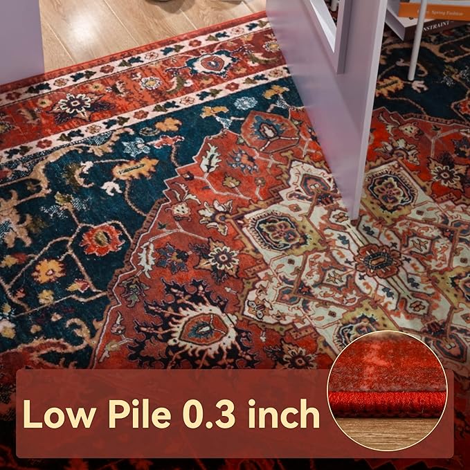 YJ.GWL Area Rugs for Living Room 4x6 Machine Washable Rugs for Bedroom, Non Slip Floral Vintage Rug Indoor Carpet, Stain Resistant Throw Rug for Dining Room Kitchen, Orange-Red