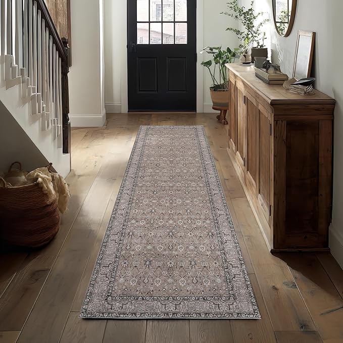 Kuden 2'6"x10 Runner Rug, Machine Washable Area Rug with Non-Slip Backing, Vintage Style, Soft, Easy Clean, Low Pile Rug for Hallway, Entryway, Kitchen, Bedroom