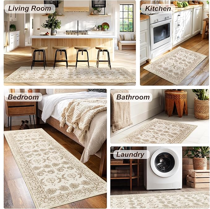XWZO Runner Rug 2x10ft for Long Hallways, Washable Non-Slip Low Pile Area Rug with Rubber Backing, Spill Resistant Soft Vintage Floor Carpet for Kitchen Entryway Stair Landing Living Room, Beige