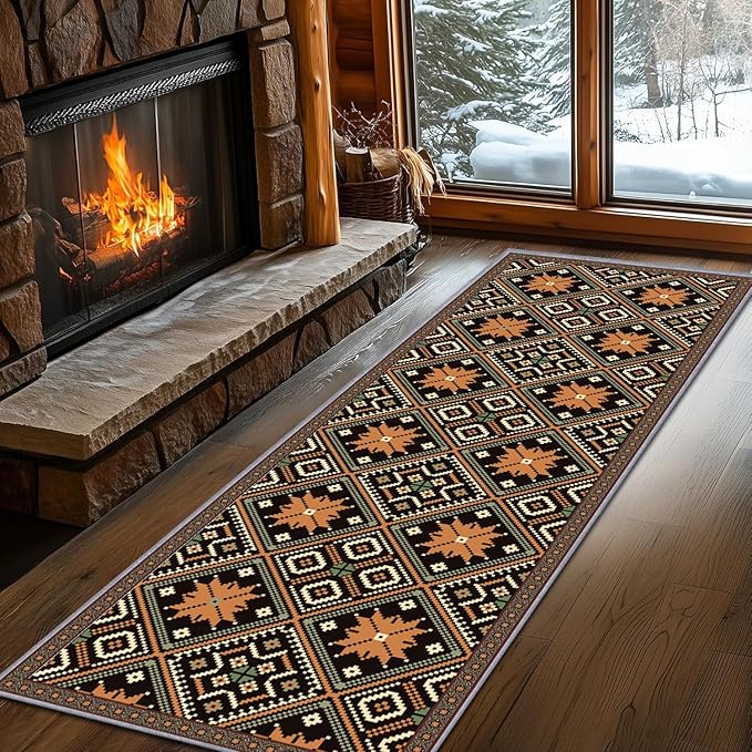 Brown Black Geometric Diamond Pattern Hallway Runner Rug - 3x8ft Soft Washable Rug, Corridor & Foyer High-Traffic Area Rugs, Durable Non-Slip Mat, Ethnic Southwestern Style Home Decor