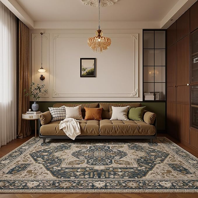 EnHomee 8x10 Area Rugs Washable for Bedroom, Boho Vintage Rugs, Foldable Area Rug for Dining Room, Non-Slip Soft Living Room Rug, Low Pile Large Carpet for Bathroom, Blue and Brown