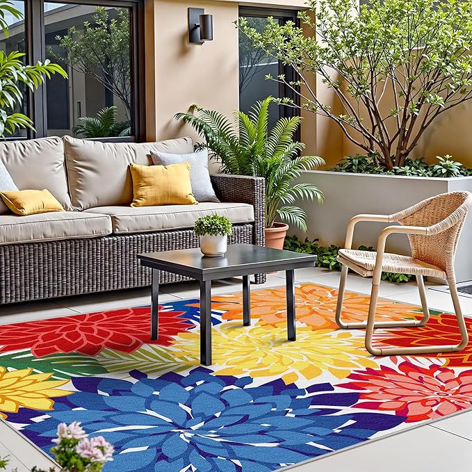 Colorful 5x8 Outdoor Area Rug Washable Multicolored Patio Rug Tropical Botanical Floral Chenille Waterproof Outdoor Carpet for Living Room, Deck, Backyard, Porch, Rainbow