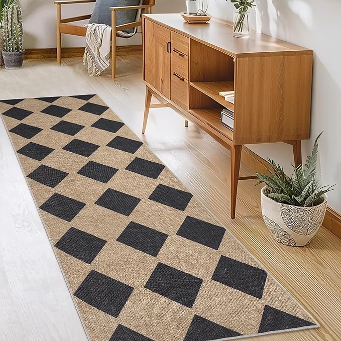 Checkered Easy Jute Runner Rug,2x6 Kitchen Runner Rugs for Hallway Non Slip Washable Checkered Indoor Outdoor Carpet for Laundry Room Bedroom Entry 6ft