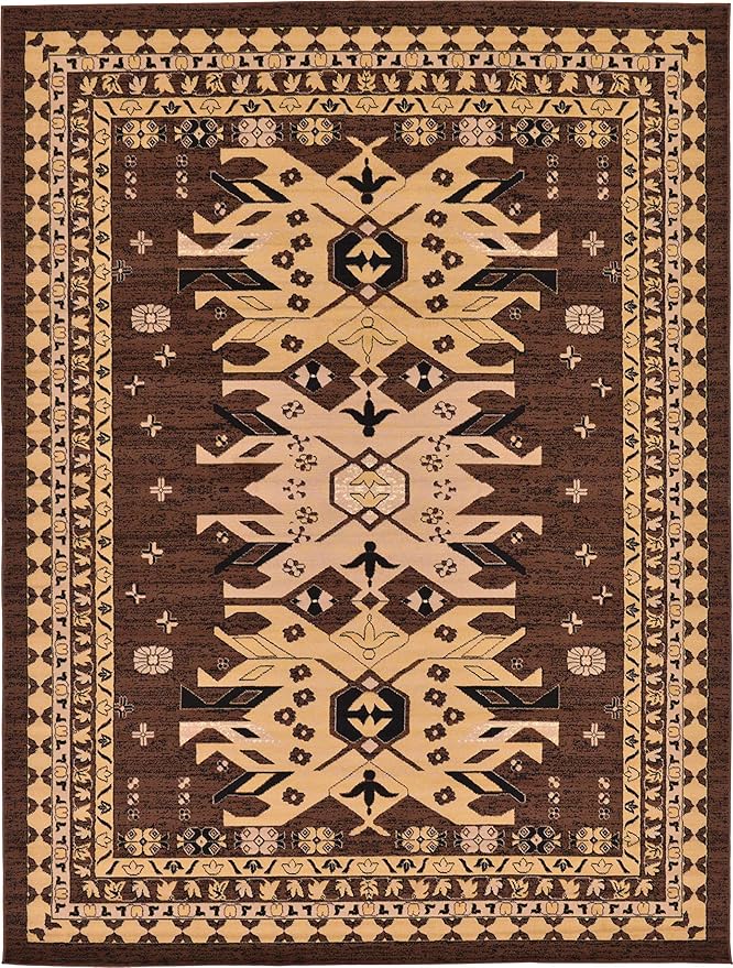 Unique Loom Taftan Collection Border Geometric Tribal Inspired Design Area Rug (9' 0 x 12' 0 Rectangular, Brown/ Tan)