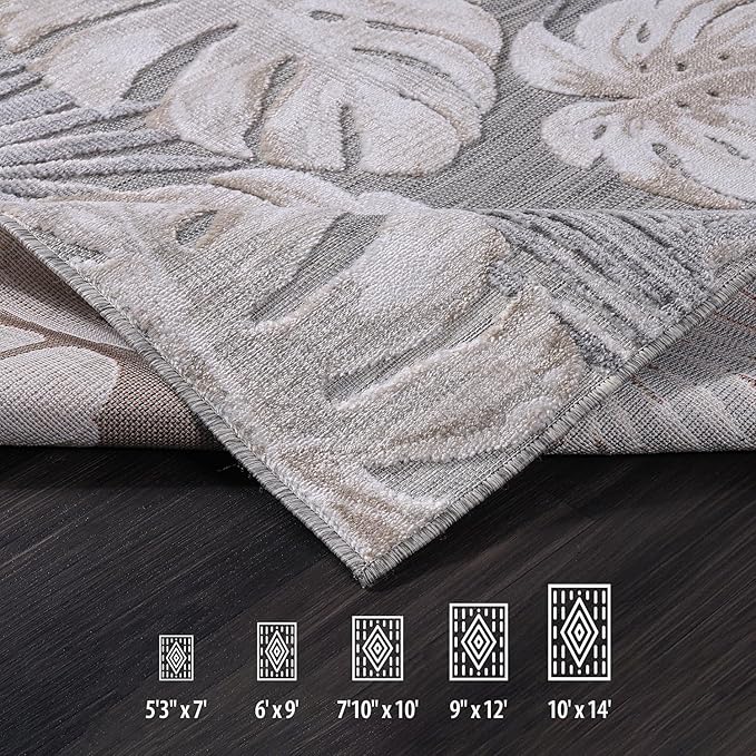 CAMILSON Indoor Outdoor Rug, Beige 6’x9’ Leaf Tropical Botanical Area Rugs for Indoor and Outdoor patios, Easy-Cleaning Non-Shedding Living Room, Garden and Kitchen Washable Outside Carpet (6x9)