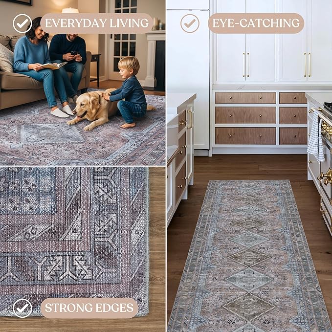Washable Area Rug. Modern Farmhouse. Vintage. Turkish. Bohemian. Distressed. Oriental. Traditional. Rugs for Living Room. Dining. Bedroom. Office. Entryway. Foyer. (863BM, 7'5" x 9'8")