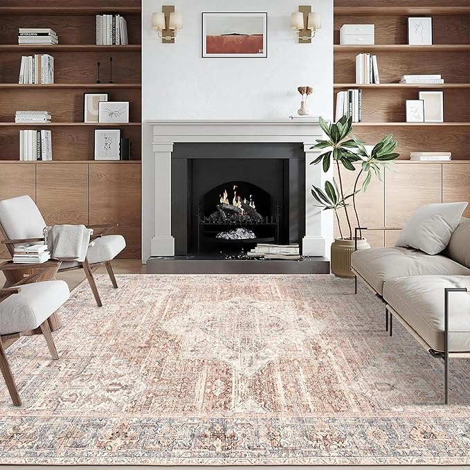 ReaLife Rugs Machine Washable Area Rug - Living Room Bedroom Bathroom Kitchen Entryway Office - Padded Low Pile Stain Resistant Premium - Boho Farmhouse Vintage - Lyle - Gray Ivory Blush 5' x 7'
