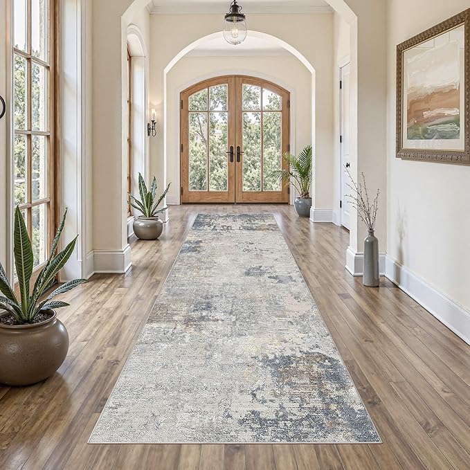 3X10 Washable Runner Rug for Hallway: Soft Neutral Modern Abstract Area Rug - Non-Slip Low Pile Long Throw Indoor Carpet for Kitchen Entryway Kitchen Bedroom Laundry - Blue Grey