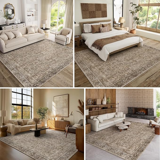 8x10 Washable Area Rugs Ultral Soft Non-Slip Stain Resistant Vintage Boho Large Carpet for High-Traffic Living Room & Dining Room