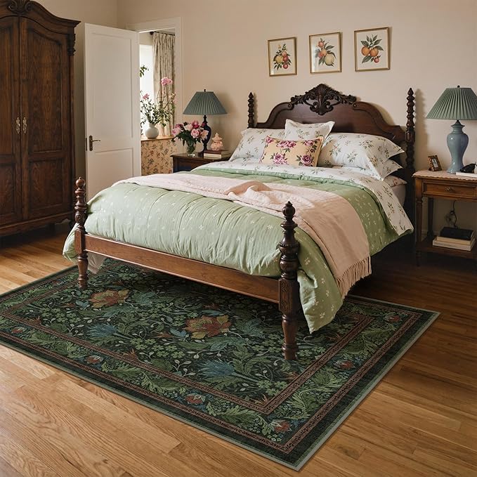 Bavni 5x7 Area Rugs for Living Room, Microfiber Machine Washable Non-Slip Vintage Floral Rug, Low Pile Lightweight Carpet for Bedroom, Dining Room, Home Office, Dark Green