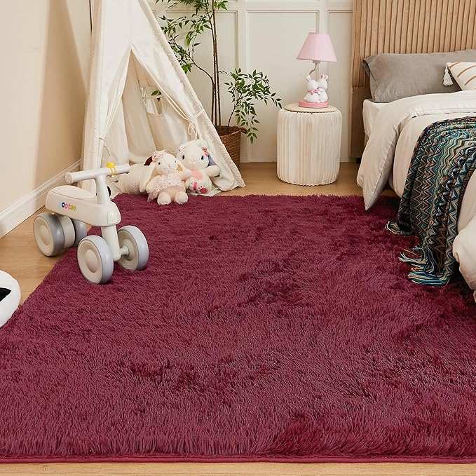 Andency Burgundy Soft Area Rugs for Living Room Bedroom, 5x8 Fluffy Shaggy Bedside Rug, Non-Slip Large Shag Fuzzy Plush Carpets for Bedroom Kids Dorm Nursery Home Decor Aesthetic