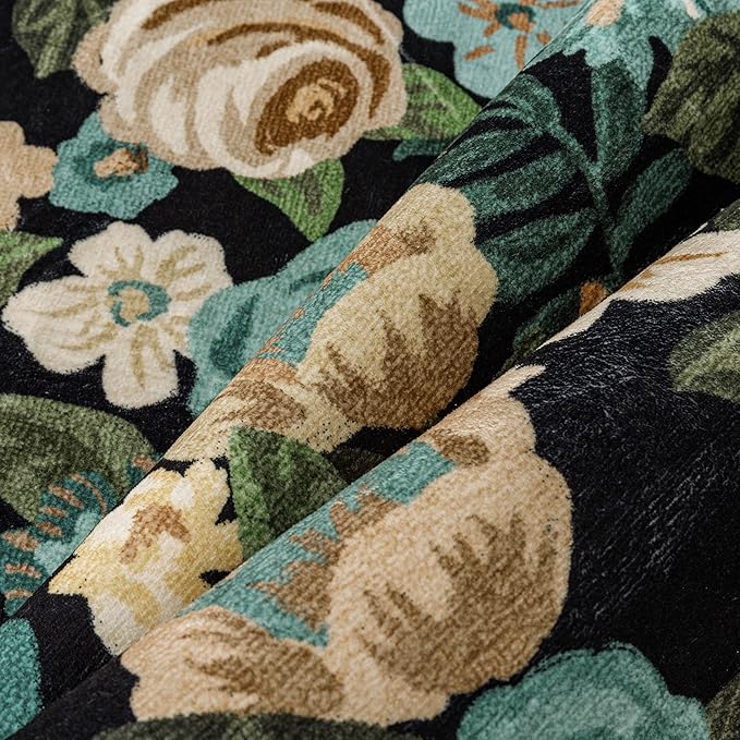 Washable Floral Area Rug 4x6 Black Office Carpet Scalloped Flower Non Slip Soft Living Room Rug Farmhouse Low Pile Thin Indoor Floor Cover for Bathroom Bedroom Kitchen Laundry Dining Room