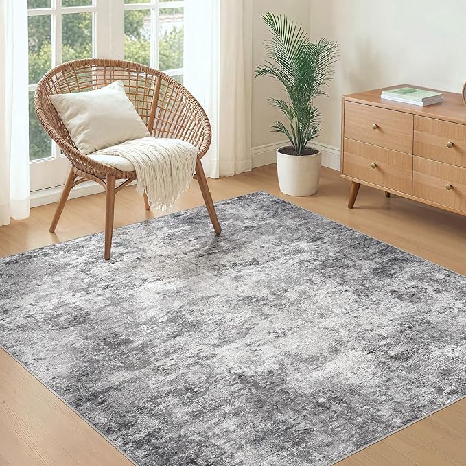 Square Area Rugs : Washable 5x5 Neutral Modern Abstract Carpet for Living Room Bedroom - Soft Floor Mat with Non Slip Backing for Kitchen Nursery Dorms Farmhouse Home Decor - Grey