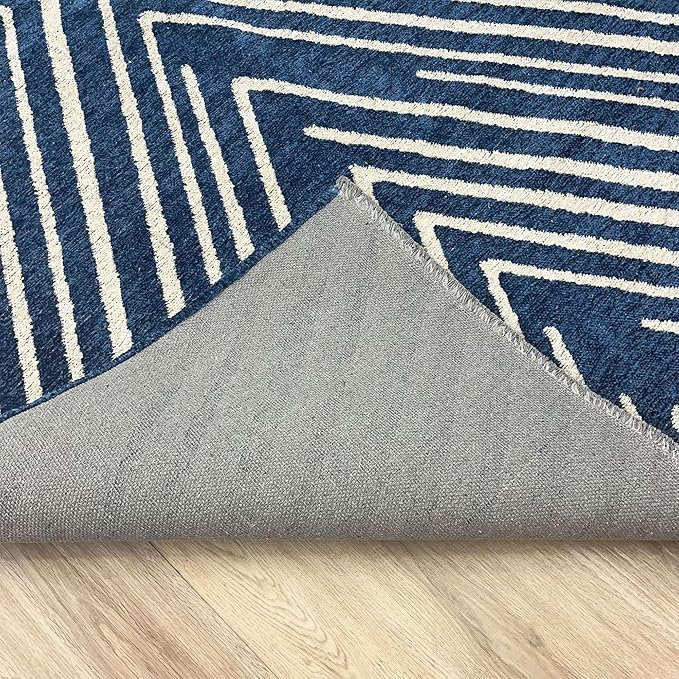 Alfa Rich 5x8 Geometric Navy Blue Off White Washable Area Rugs for Living Room Bedroom Cotton Rug