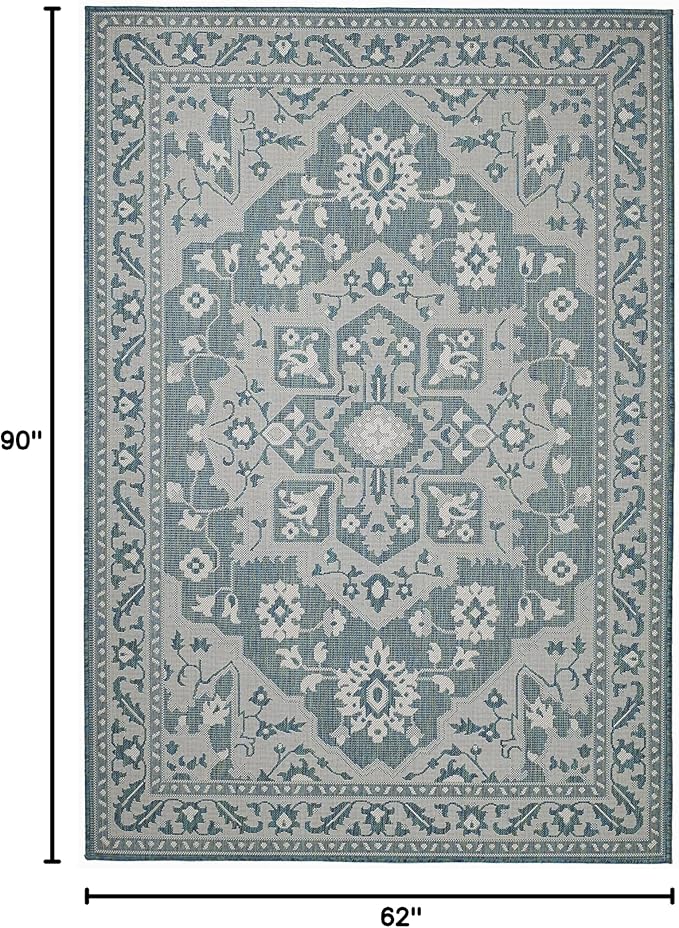 FH Home Flat Woven Outdoor Rug - Waterproof, Easy to Clean, Stain Resistant - Premium Polypropylene Yarn - Vintage - Patio, Porch, Deck, Balcony - Shiraz - Ocean - 5ft 4in x 7ft 6in
