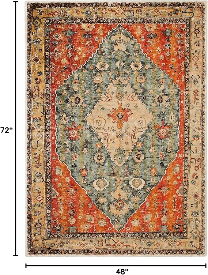 COMSLE Boho Area Rug, 4' x 6' Machine Washable Rugs for Entryway Faux Wool Large Rugs Distressed Throw Rug Non-Slip Floor Carpet for Indoor Bedroom Kitchen Living Room