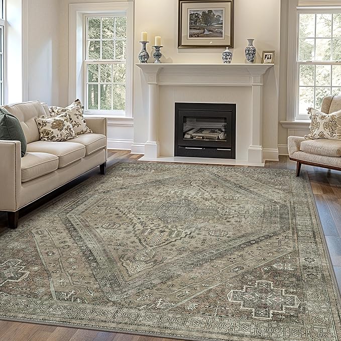 Bavni Washable Rug 3x5 Area Rug for Living Room Bedroom Dining, Washable Vintage Print Carpet, Ultra-Thin Chenille Low Pile Lightweight Rug with Non Slip Backing, Tan