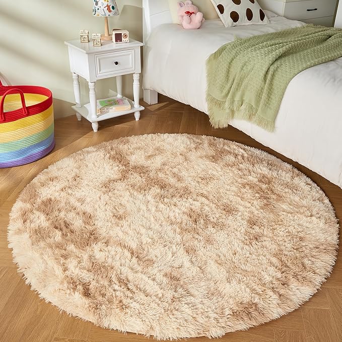 Andency Tie-Dyed Beige Round Area Rug for Living Room, 5x5 ft Shag Rug for Bedroom, Fluffy Circle Carpet for Home Decor, Room, Fuzzy Plush Circular Rug for Dorm Playroom