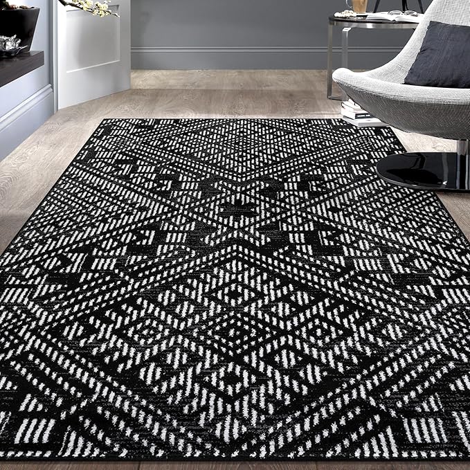 Rugshop Boho Black Tribal Area Rug Modern Indoor Carpet for Living Room, Bedroom, or Entryway – Non-Shedding, Low Pile Geometric Design 4' x 6'