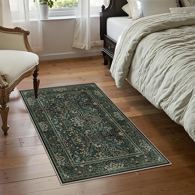 2x3 Floral Washable Area Rug for Living Room, Vintage Boho Rug for Bedroom Dining Room， Distressed Botanical Birds Non Slip Low Pile Forest Animal Throw Carpet for Farmhouse Office, Dark Green