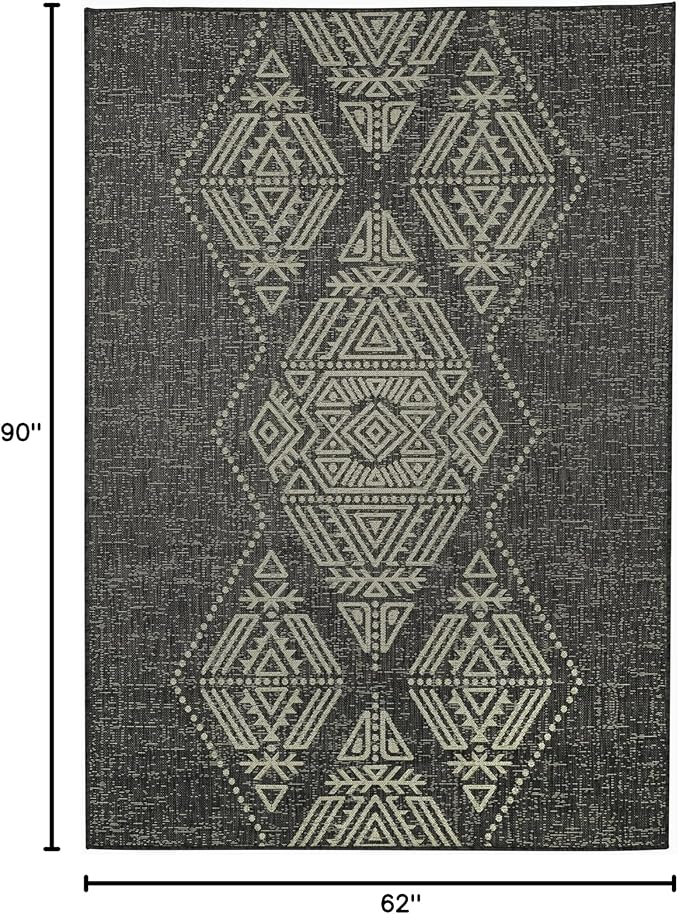 FH Home Flat Woven Outdoor Rug - Waterproof, Easy to Clean, Stain Resistant - Premium Polypropylene Yarn - Boho Moroccan - Large Patio, Deck, Sunroom - Ariana - Charcoal - 5ft 2in x 7ft 6in