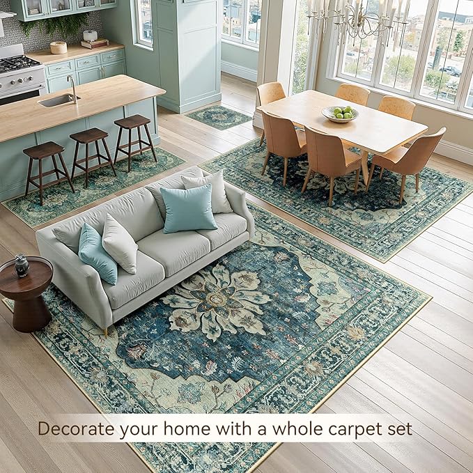 Area Rugs 2'x8' Washable Non-Slip, Floral Vintage Distress Print Pattern Medallion Carpet for Living Room Bedroom Dining Room, Dark Blue Vintage