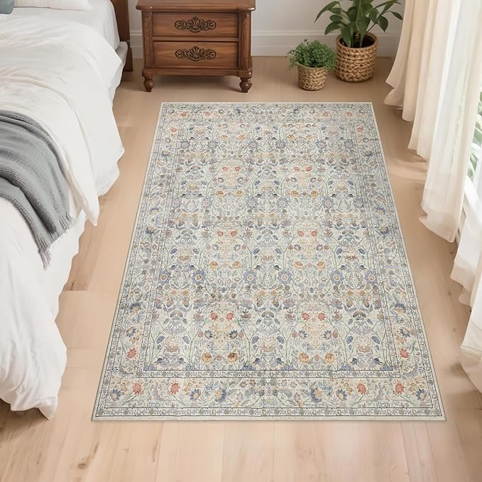 Washable Living Room Rug: 3x5 Boho Floral Soft Area Rug for Bedroom Decor - Vintage Low Pile Thin Carpet for Dining Room Non-Slip - Farmhouse Stain Resistant Rugs - Beige Blue