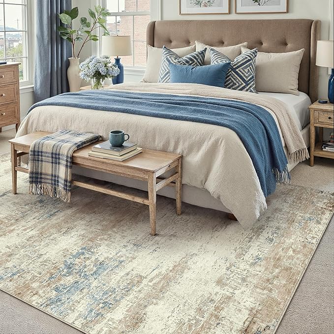 5x7 Area Rug Washable Beige Brown Abstract Living Room Carpet Non Slip Modern Neutral Soft Low Pile Contemporary Aesthetic Bedroom Indoor Rug for Office Laundry Dining Room Kitchen