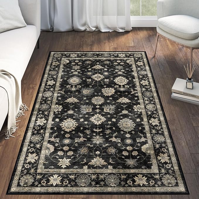 3x5 Washable Area Rug - Small Entryway Rug Non-Slip Charcoal Black Vintage Traditional Floral Kitchen Rugs Low Pile Boho Entry Carpet Throw Rugs for Living Room Bedroom Bathroom Entrance Office