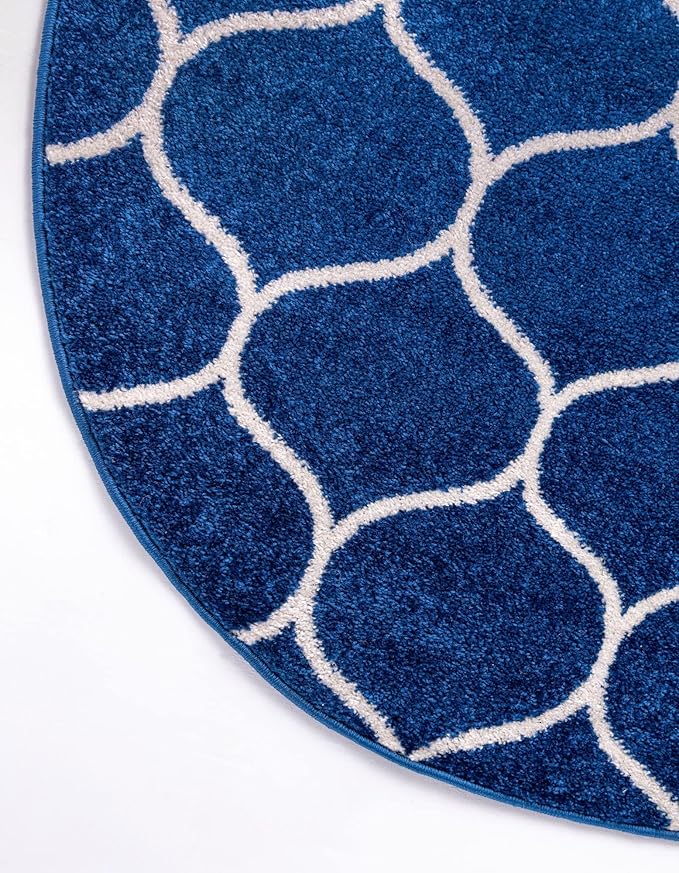 Rugs.com Lattice Frieze Collection Rug – 7' Round Navy Blue Medium Rug Perfect for Kitchens, Dining Rooms