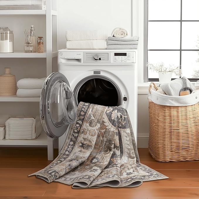 ReaLife Rugs Machine Washable Area Rug - Living Room Bedroom Bathroom Kitchen Entryway Office - Padded Low Pile Stain Resistant Premium - Boho Farmhouse Vintage - Joy - Brown Beige 4' x 6'