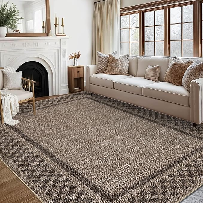 GarveeHome Washable Area Rugs 8x10 Non Slip Soft Large Living Room Rug Modern Checkered Bedroom Rug Soft Geometric Bordered Throw Carpet for Dining Room Home Decor Office Nursery, Brown