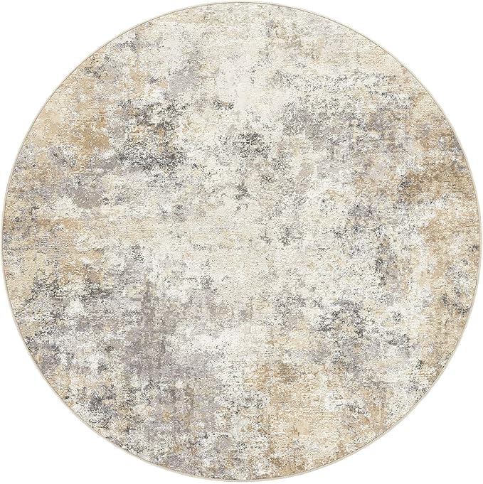 8ft Round Area Rug Living Room Rugs - 8x8 Washable Neutral Modern Abstract Soft Thin Rug Indoor Floor No Slip Rug Carpet for Bedroom Under Dining Table Home Office Decor - Golden Grey