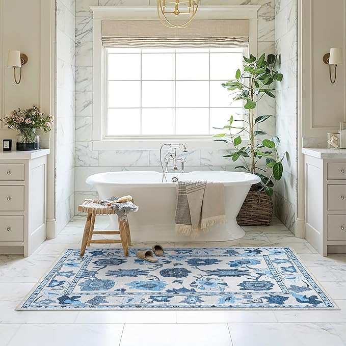 Fame Living Navy Blue Oushak Rug, Modern, Vintage, Turkish, Eclectic, Floral, Pastel, Washable, Area Rugs for Living Room, Dining, Bedroom, Office, Entryway, Foyer, Playroom, Nursery, 5'x6'9"