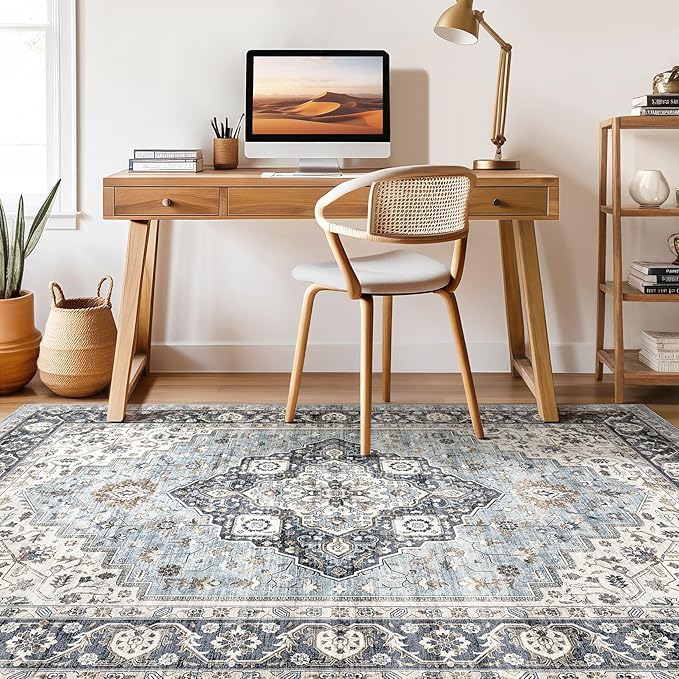 9x12 Area Rug Living Room: Washable Boho Large Neutral Vintage Soft Rugs Stain Resistant Farmhouse Non-Slip Indoor Floor Carpet for Bedroom Nursery Kids Playroom Office Dining Room House- Blue Tan