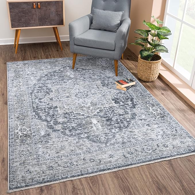 Bloom Rugs Caria Washable Non-Slip 9x12 Rug - Gray/Dark Blue Traditional Area Rug for Living Room, Bedroom, Dining Room, and Kitchen - Exact Size: 9' x 12'