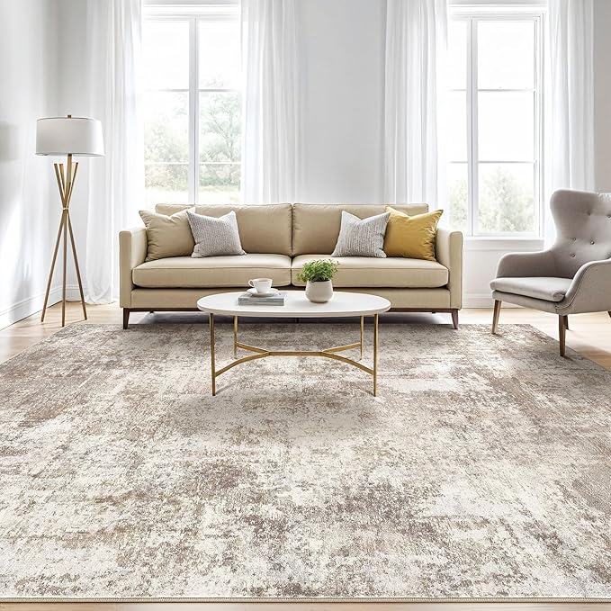 5x7 Area Rugs Living Room: Washable Large Abstract Soft Rug Stain Resistant Indoor Floor Non-Slip Accent Carpet for Women Modern Home Enthusiasts Aged- Bedroom Nursery Playroom- Beige Brown