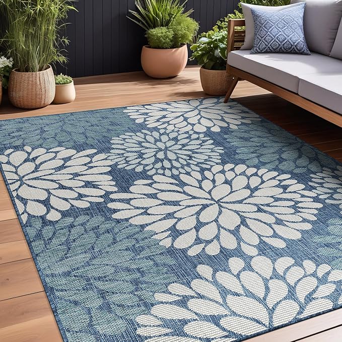 Beverly Rug Outdoor Rug 6x9 Modern Exotic Tropical Leaf Area Rugs for Indoor and Outdoor Patio Deck Porch Garden Water Resistant Washable Outside Carpet (6 x 9 Blue)