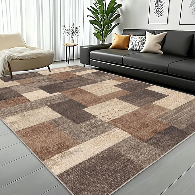 Modern Geometric Patchwork Indoor Area Rug for Living Room, Beige 4'x 6' Large Rug Rockwood Collection Hardwood Floors Decor for Bedroom, Beige Throw Carpet for Office Entryway Dining Room
