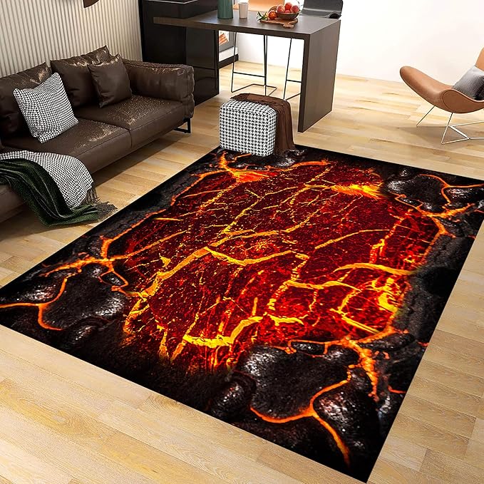 Visual Illusion Lava Area Rug, 3x4ft, 3D Red Flame Volcanic Rock Carpet for Living Room, Fade Resistant Absorbent Floor Mat, No Crease Foldable Soft Low Pile Rugs for Bedside Hallway