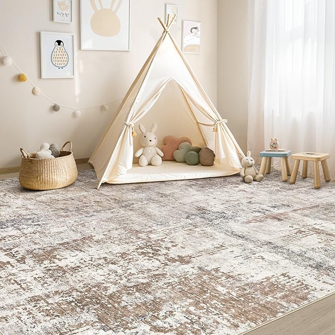 Area Rug Living Room Rugs - Washable Neutral Modern Abstract Soft Thin Rug Indoor Floor No Slip Rug Carpet for Bedroom Under Dining Table Home Office Decor - Brown/Grey/Red - 5x7