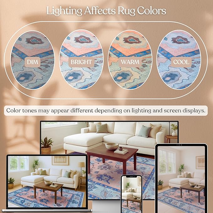 Fame Living Modern Oushak Rug, Vintage, Turkish, Eclectic, Floral, Pastel, Washable, Large Area Rugs for Living Room, Dining, Bedroom, Girls, Boys, 7'5"x9'8"